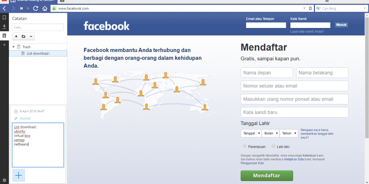 Homepage facebook yang dibuka dengan Vivaldi